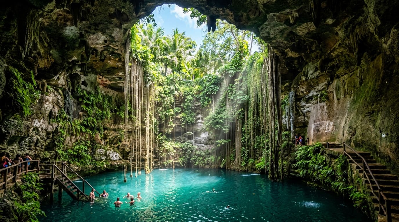 Cenote subterráneo de agua turquesa con un haz de luz entrando por la abertura del techo.