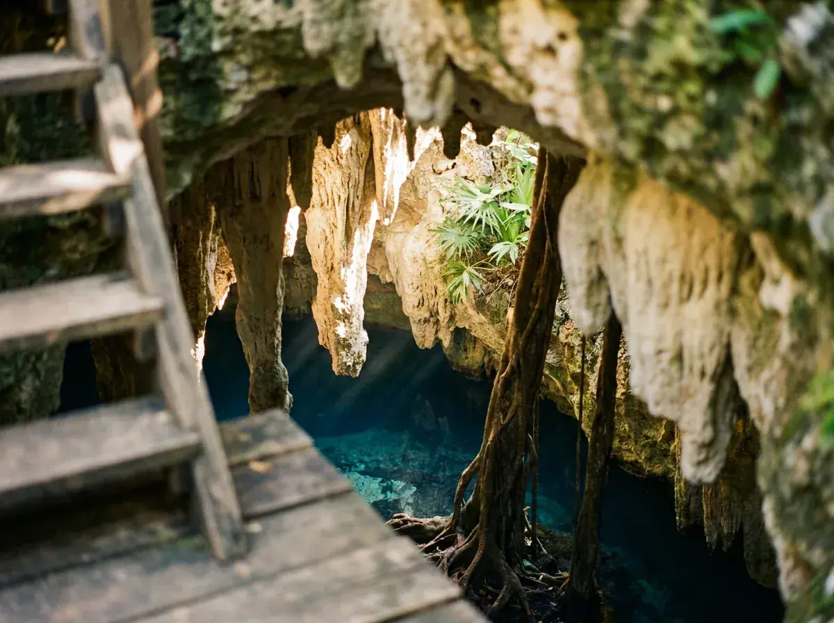 Raíces y estalactitas enmarcando el agua azul del cenote Kankirixché desde la escalera de madera (otro ángulo).