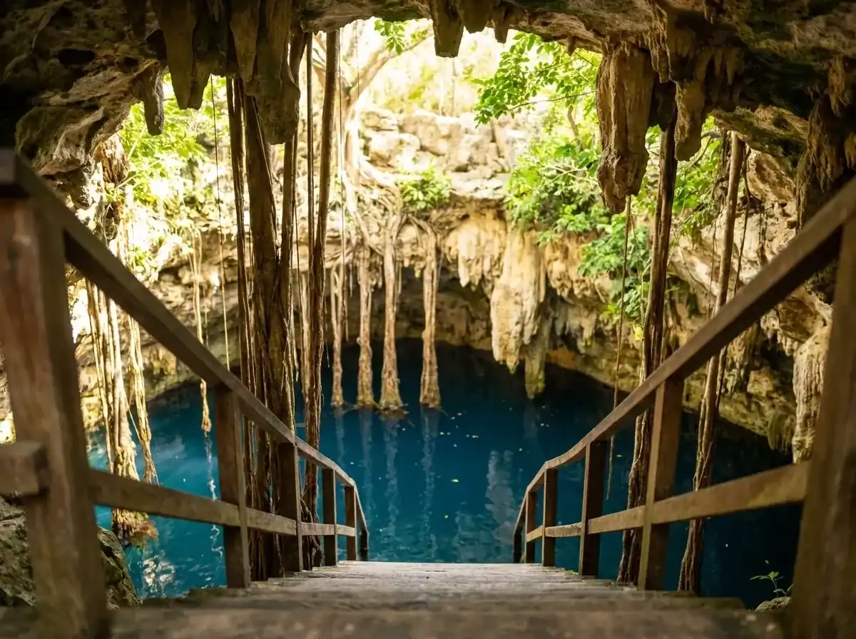 Raíces y estalactitas enmarcando el agua azul del cenote Kankirixché desde la escalera de madera.