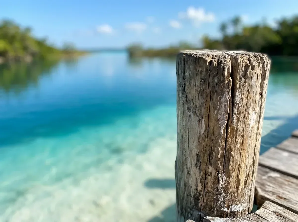 Muelle en la Laguna de Bacalar — otro ángulo Poste de un muelle de madera en la Laguna de Bacalar, con sus franjas de turquesa a azul profundo (otro ángulo).