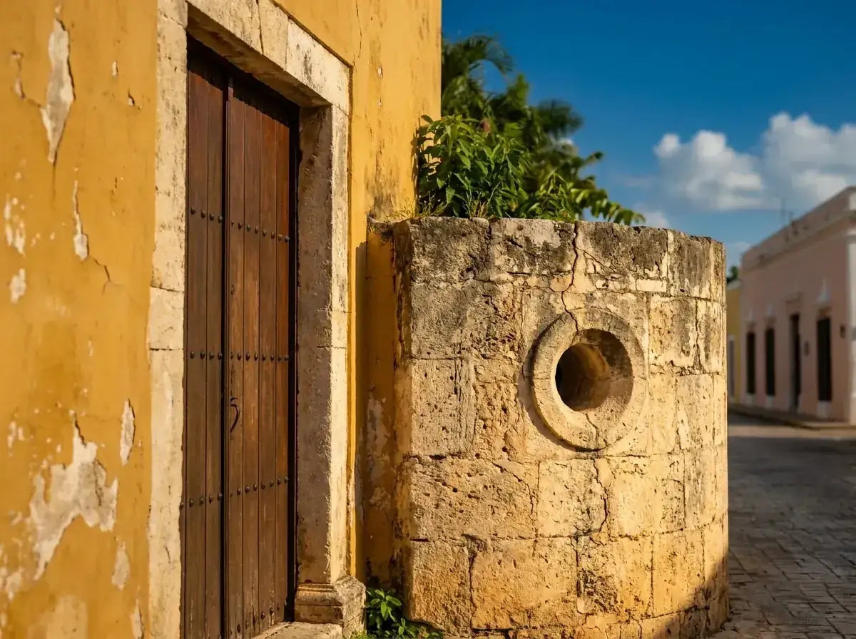 Muralla y puerta colonial — otro ángulo Detalle de un muro de piedra de la muralla de Campeche junto a una puerta colonial de madera amarilla (otro ángulo).