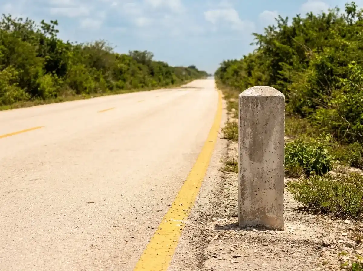 Tramo de carretera federal de dos carriles rodeada de vegetación baja, camino de Mérida a Cancún.