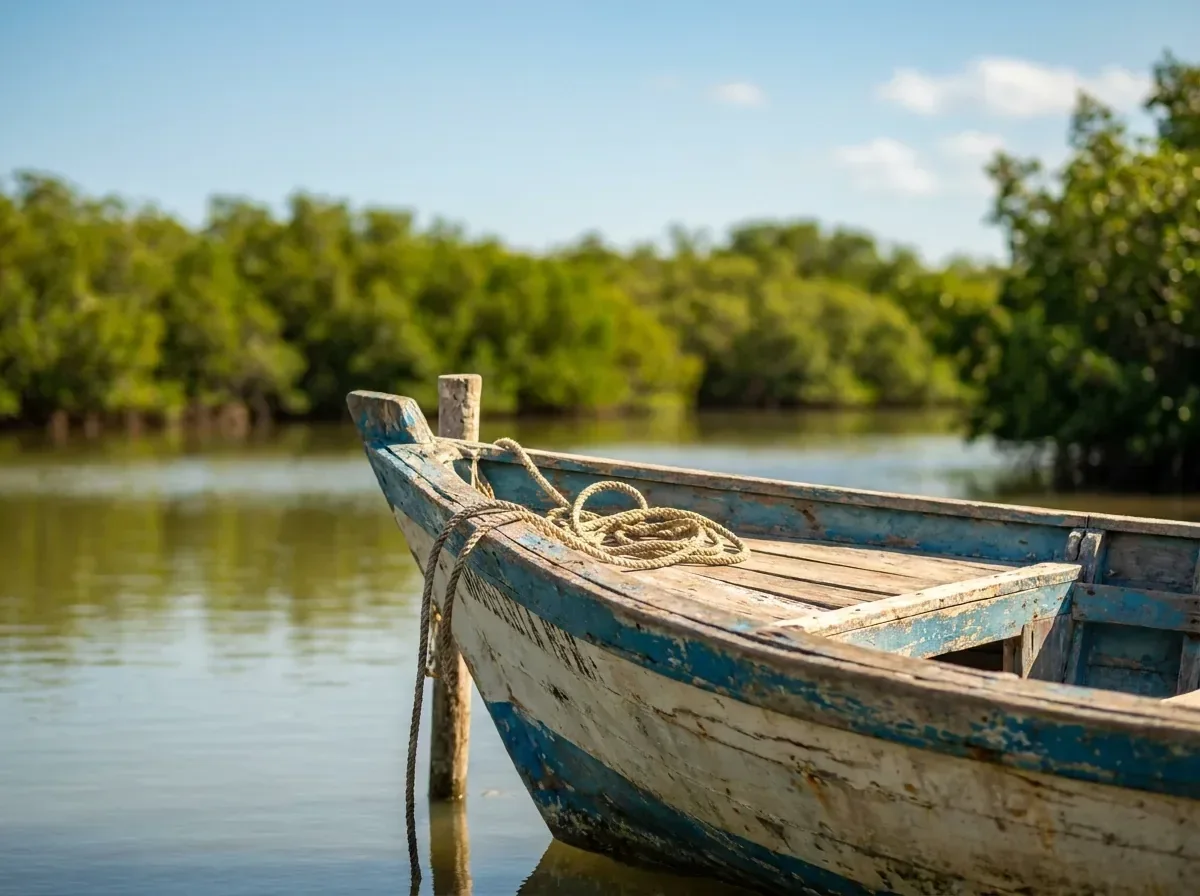 Lancha en la ría de Celestún Lancha de pesca de madera amarrada en la orilla de la ría de Celestún.