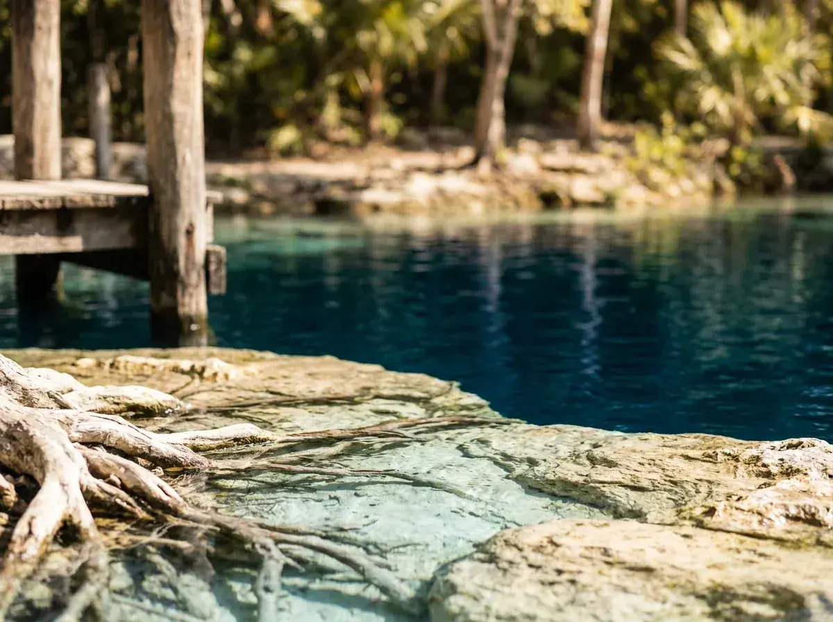 Detalle del degradado de azules en el borde del Cenote Azul de Bacalar, con raíces sumergidas en el agua transparente (otro ángulo).