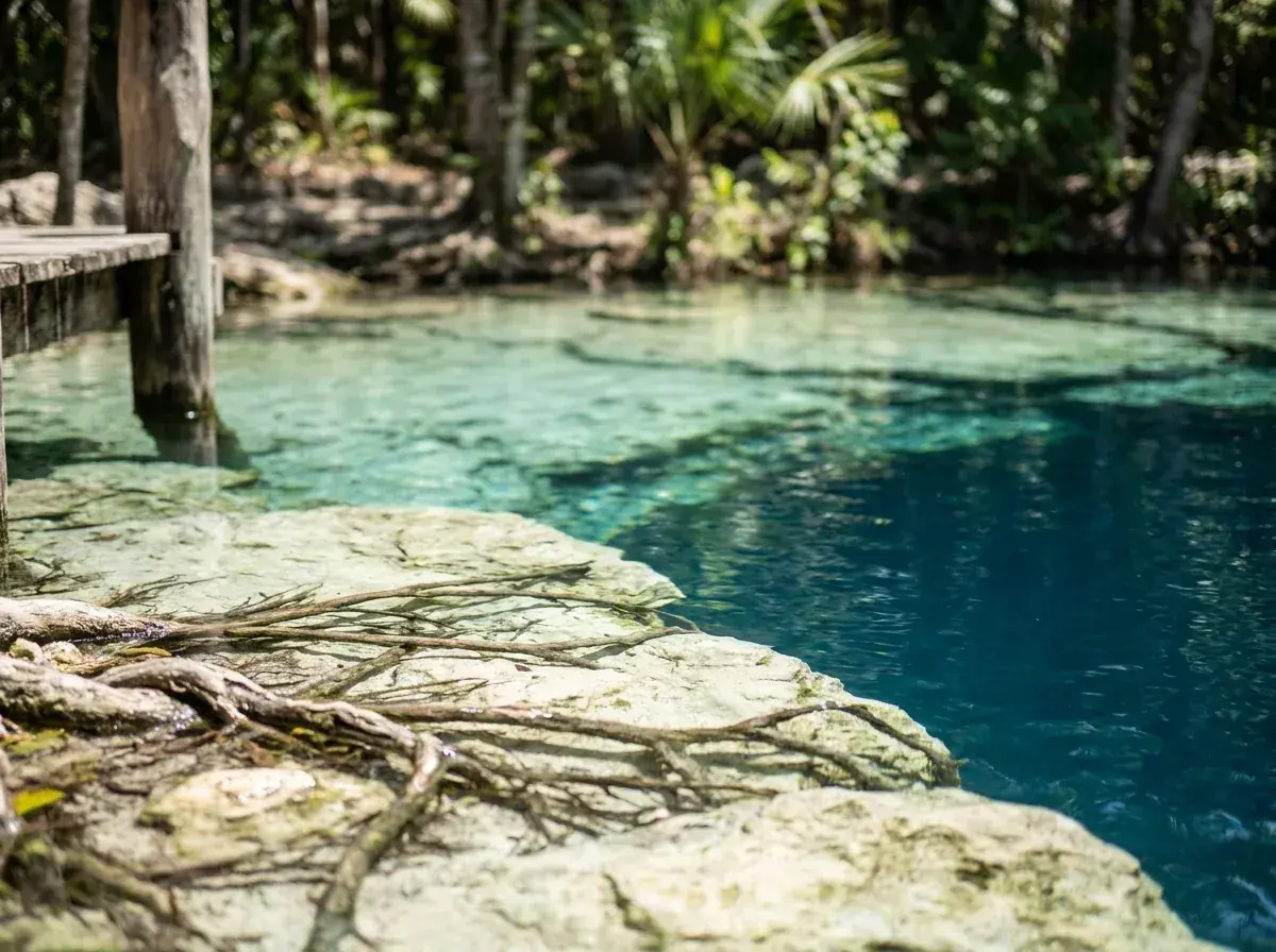 Detalle del degradado de azules en el borde del Cenote Azul de Bacalar, con raíces sumergidas en el agua transparente.