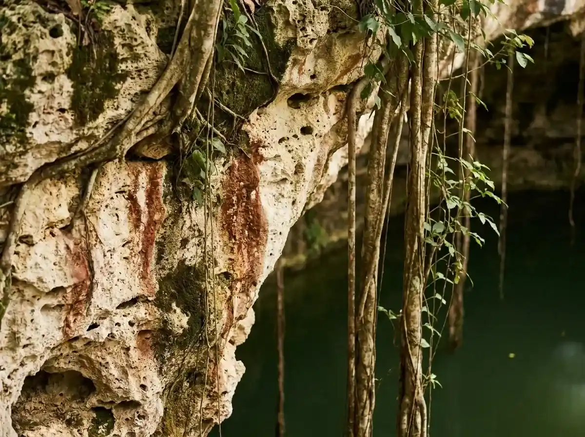 Vista cerrada de las paredes verticales de piedra caliza del Cenote Sagrado en Chichén Itzá, con agua verde oscuro al fondo.