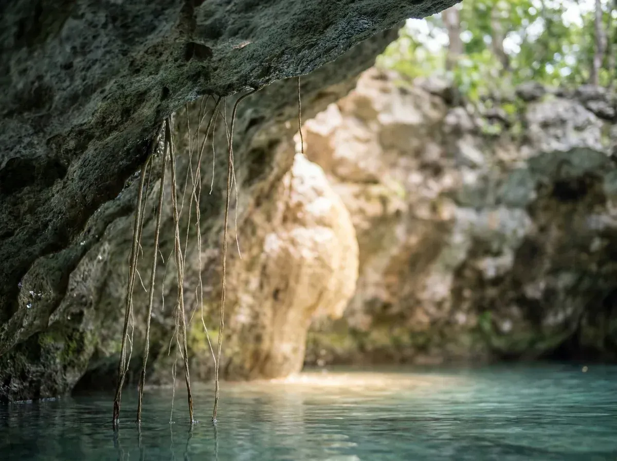 Raíces colgantes y agua turquesa dentro de un cenote subterráneo de Homún.