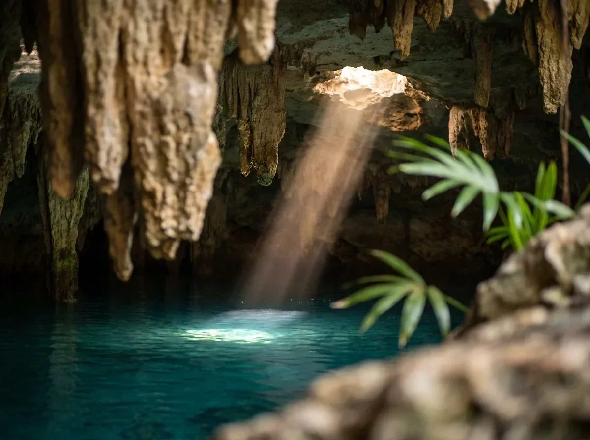 Haz de luz iluminando el agua turquesa del cenote X'kekén entre estalactitas.