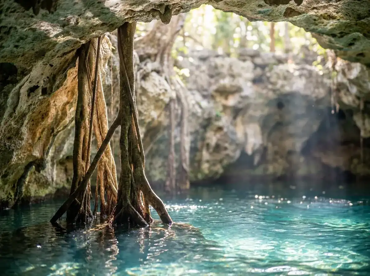 Raíces colgantes y reflejos de luz solar en el agua turquesa de un cenote abierto cerca de Mérida.