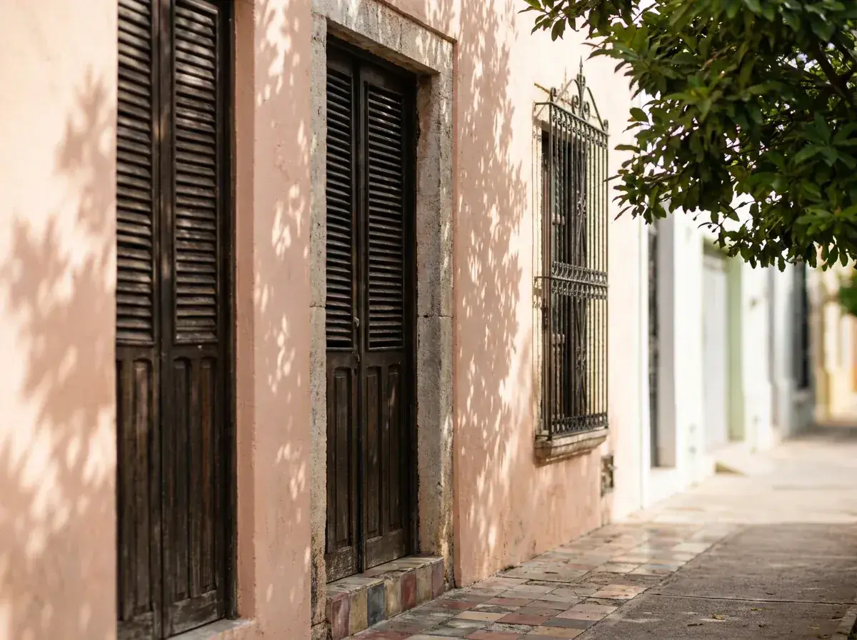 Fachada del Centro de Mérida — otro ángulo Fachada colonial en tonos pastel del Centro Histórico de Mérida, con puerta de madera y reja de hierro (otro ángulo).