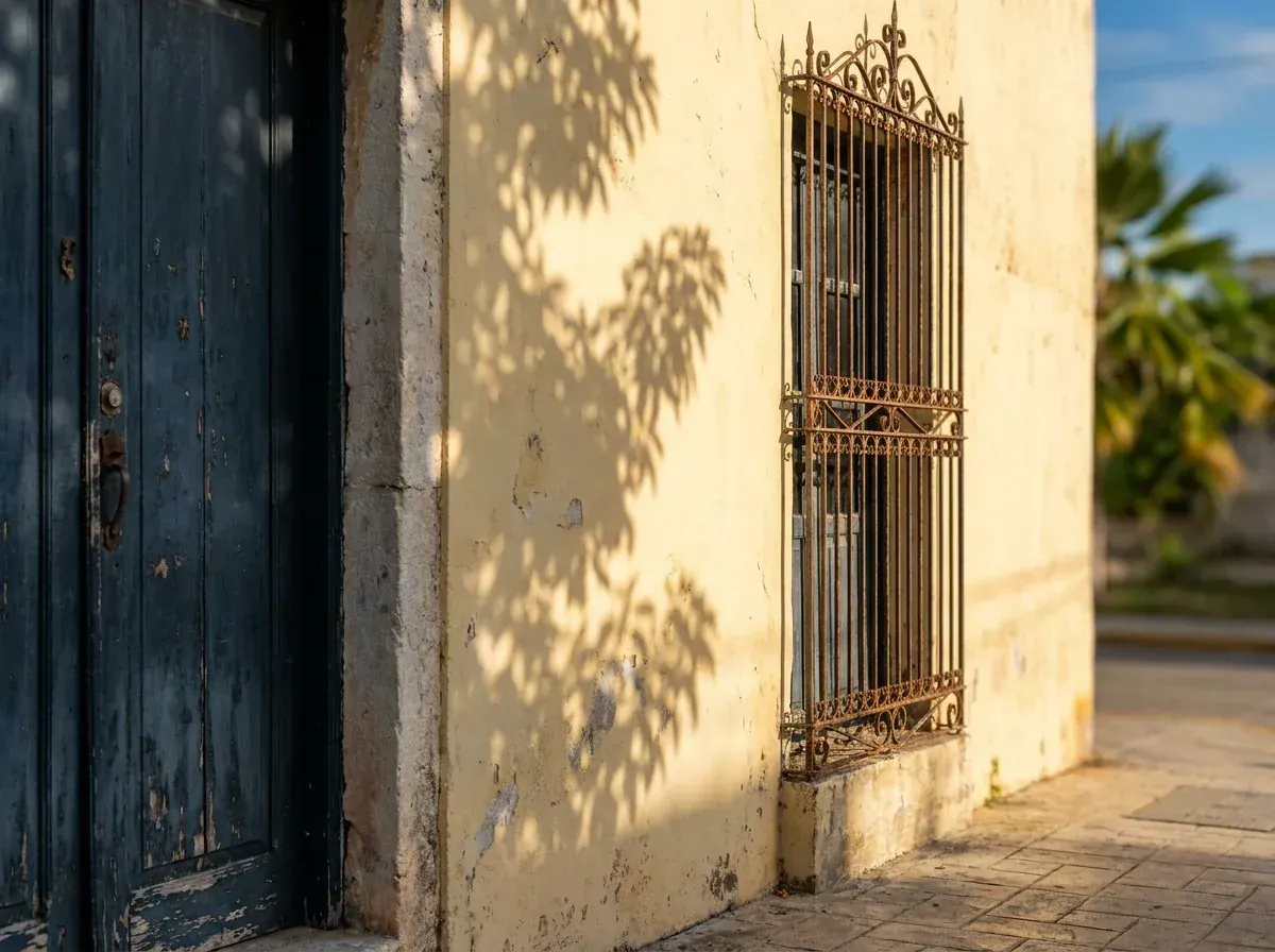 Fachada del Centro de Mérida Fachada colonial en tonos pastel del Centro Histórico de Mérida, con puerta de madera y reja de hierro.