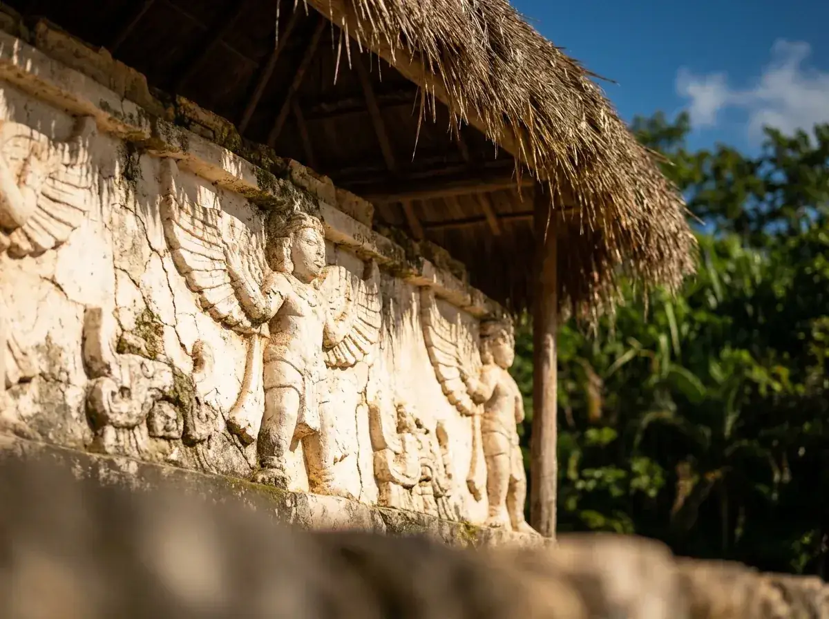 Friso de estuco de Ek Balam Detalle del friso de estuco de la Acrópolis de Ek Balam, con figuras aladas talladas en piedra caliza.