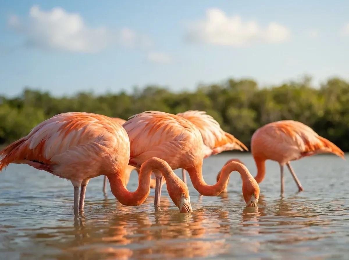 Flamencos rosados alimentándose en las aguas someras de la reserva de Celestún.
