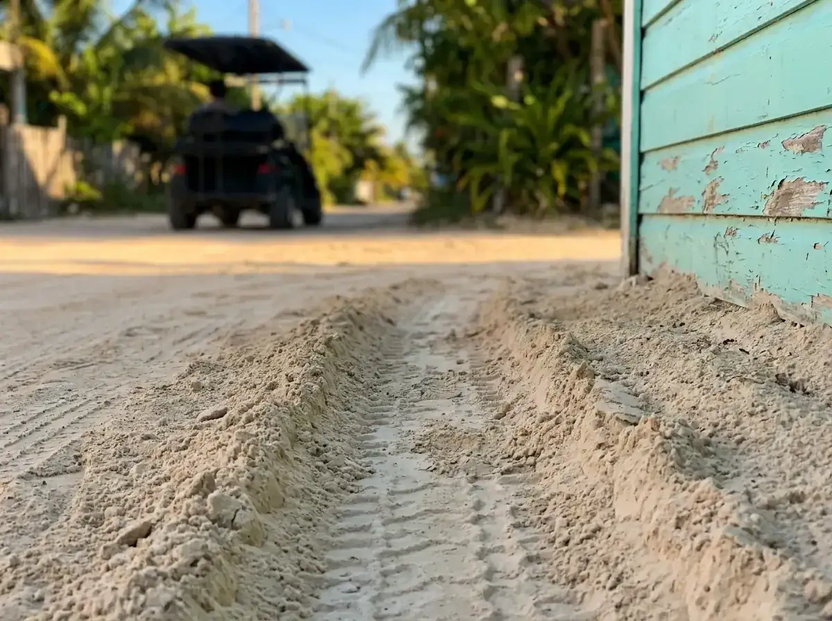 Detalle de una calle de arena en Holbox con huellas de carrito de golf junto a una casa de madera turquesa (otro ángulo).