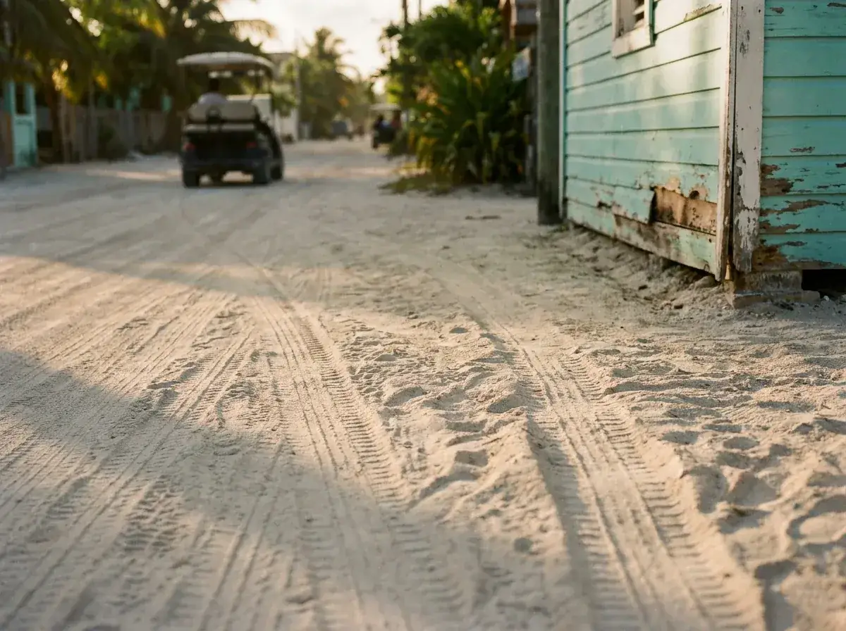 Detalle de una calle de arena en Holbox con huellas de carrito de golf junto a una casa de madera turquesa.