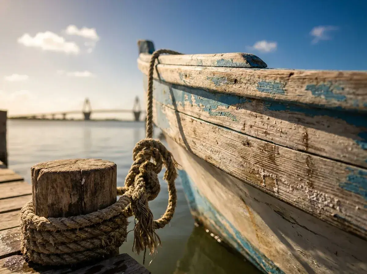 Detalle de una lancha de pescadores amarrada en el muelle de Isla Aguada con el puente al fondo (otro ángulo).