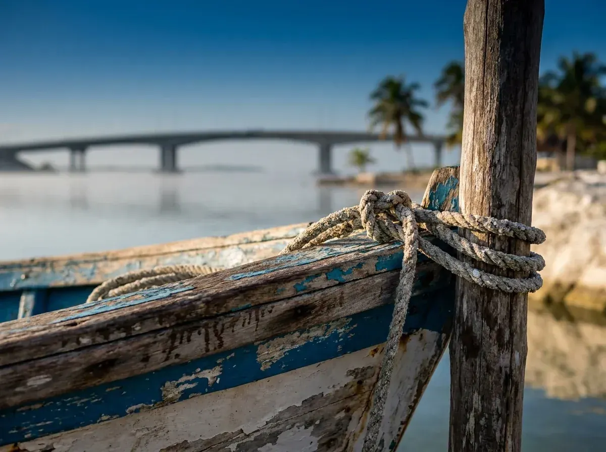Detalle de una lancha de pescadores amarrada en el muelle de Isla Aguada con el puente al fondo.