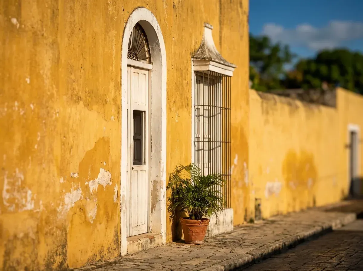 Fachada amarilla de Izamal — otro ángulo Fachada colonial de Izamal pintada de amarillo ocre, con arcos y molduras blancas (otro ángulo).