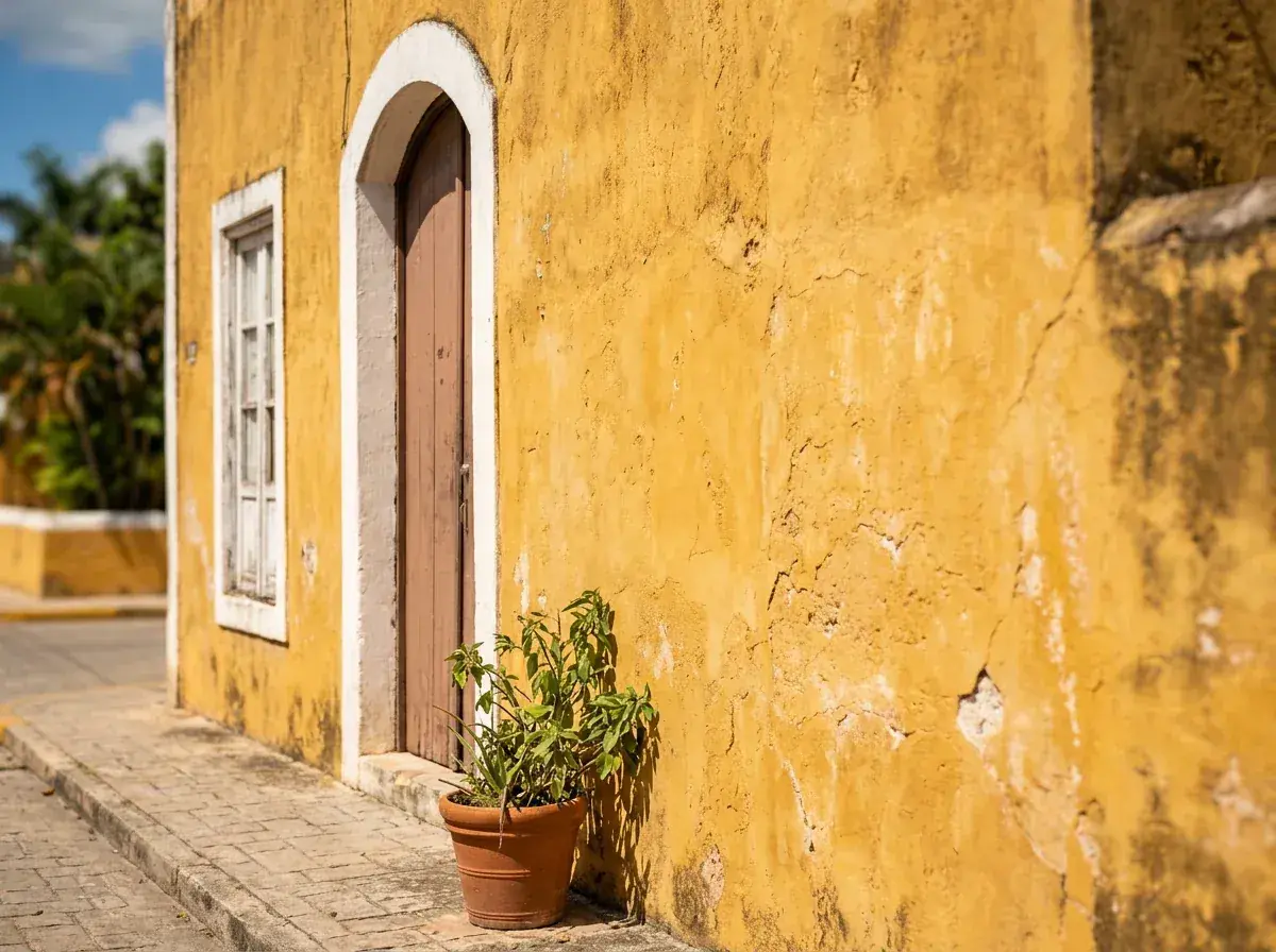 Fachada amarilla de Izamal Fachada colonial de Izamal pintada de amarillo ocre, con arcos y molduras blancas.