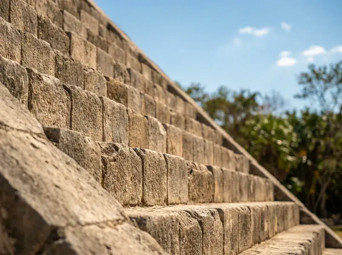 Vista cerrada de la escalinata empinada de piedra caliza de la Pirámide del Adivino en Uxmal.