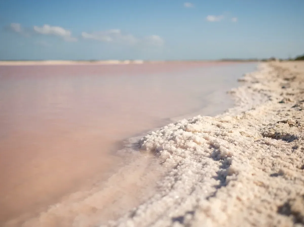 Sal y agua rosada en Las Coloradas Borde de una laguna rosada de Las Coloradas, con su banco de sal blanca.