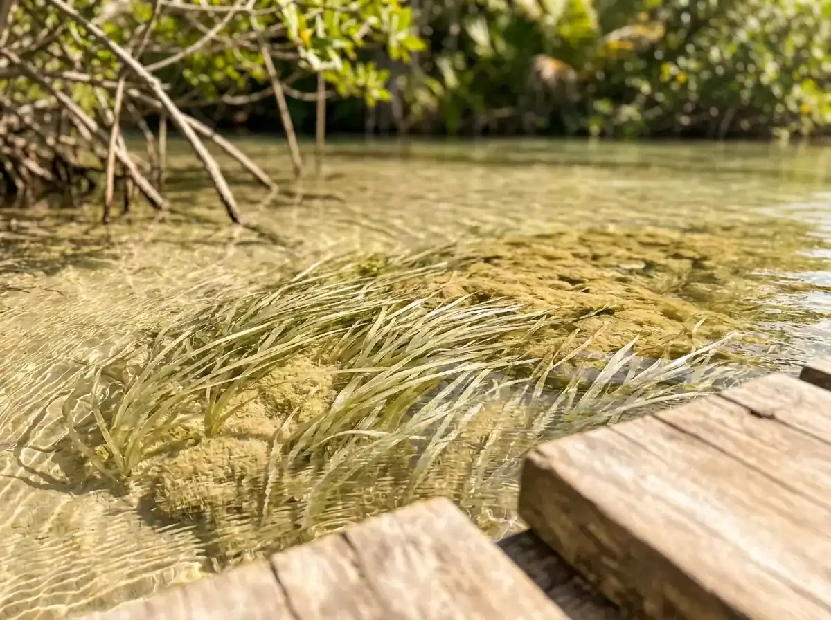 Detalle de la vegetación acuática y la corriente transparente en Los Rápidos de Bacalar.