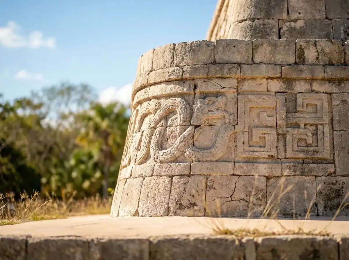 Detalle de la esquina curva de la base ovalada de la Pirámide del Adivino, con mosaico de piedra estilo Puuc (otro ángulo).