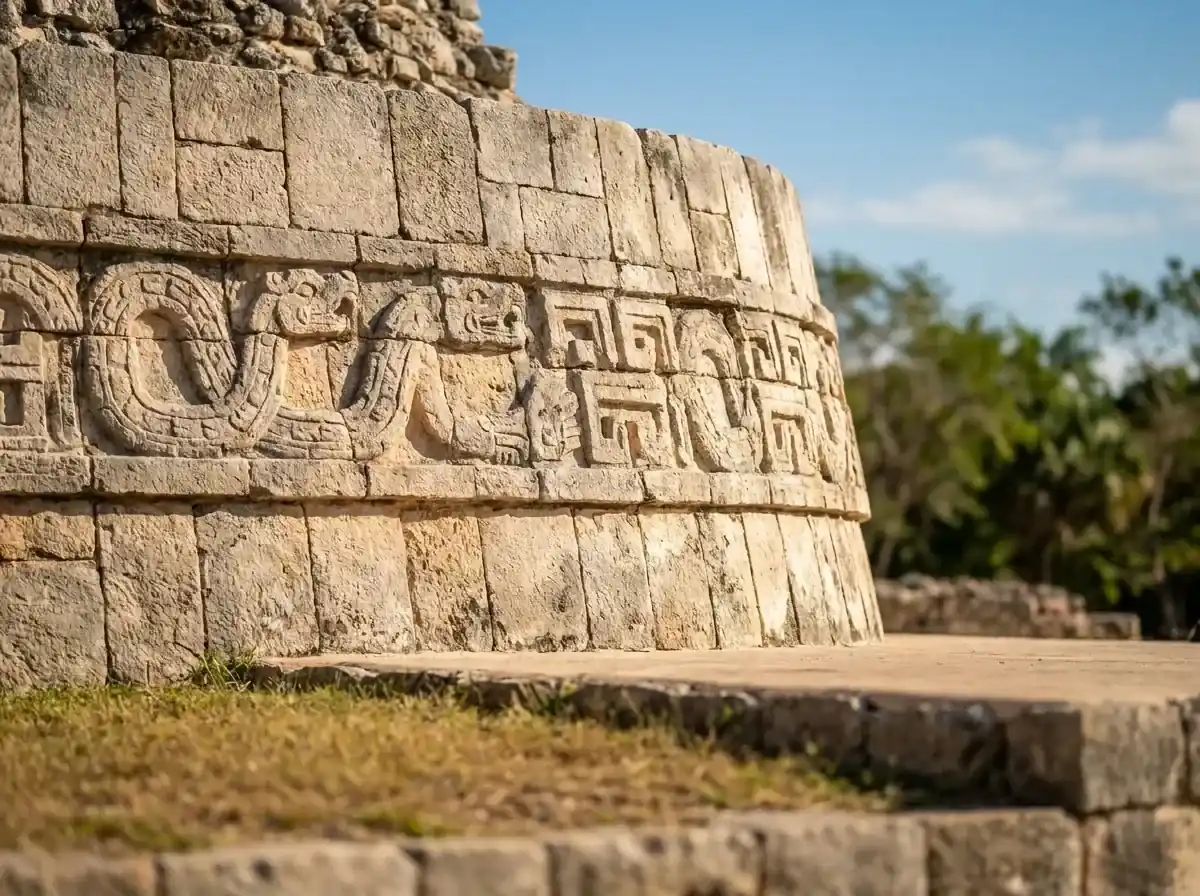 Detalle de la esquina curva de la base ovalada de la Pirámide del Adivino, con mosaico de piedra estilo Puuc.