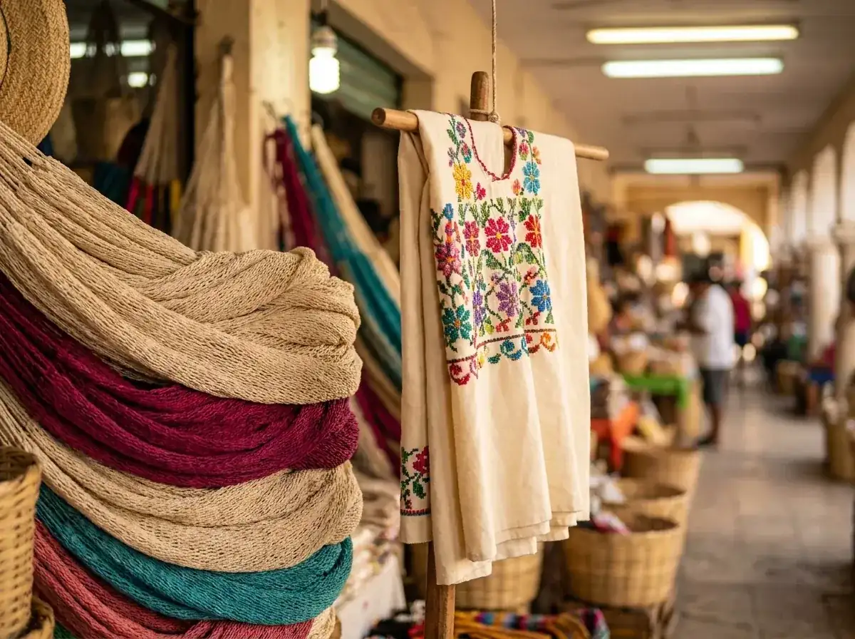 Detalle de hamacas de henequén y textiles bordados a mano en un puesto del Mercado Lucas de Gálvez (otro ángulo).