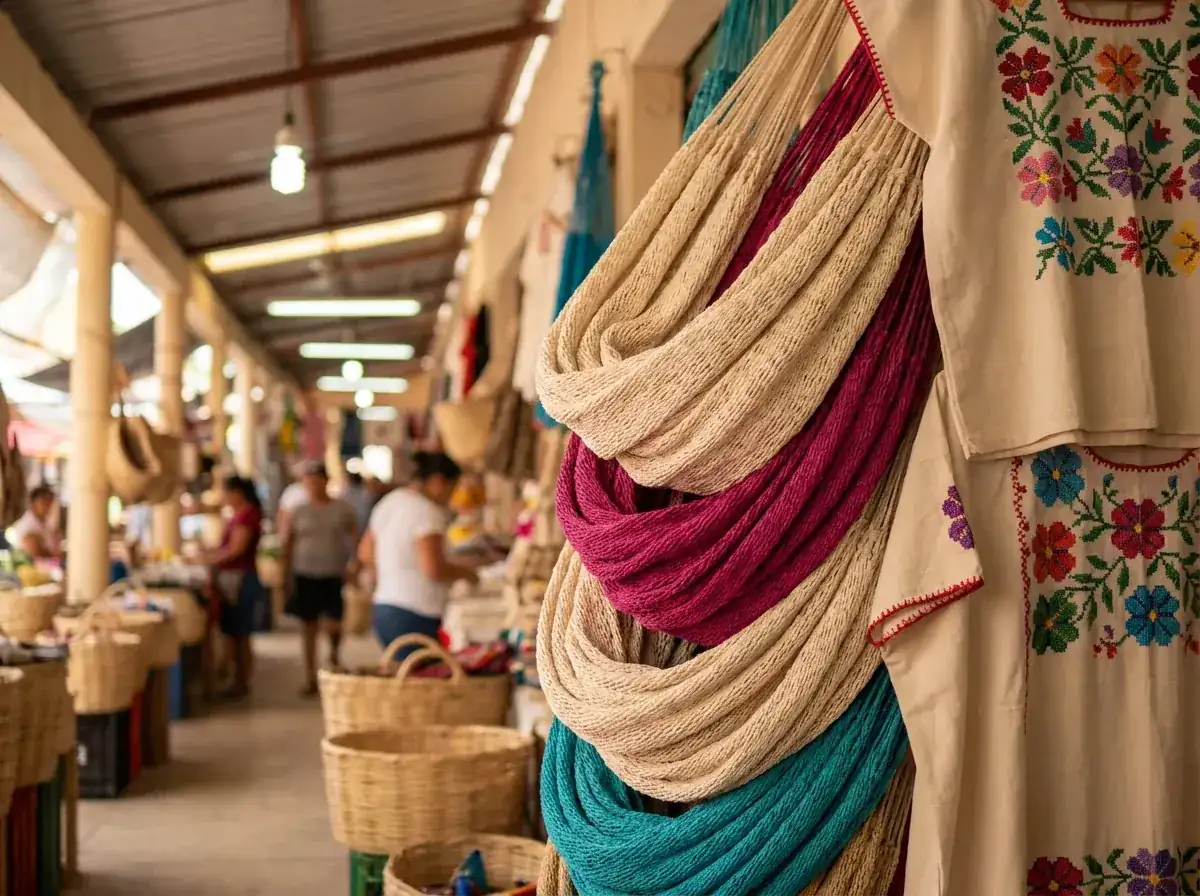 Detalle de hamacas de henequén y textiles bordados a mano en un puesto del Mercado Lucas de Gálvez.
