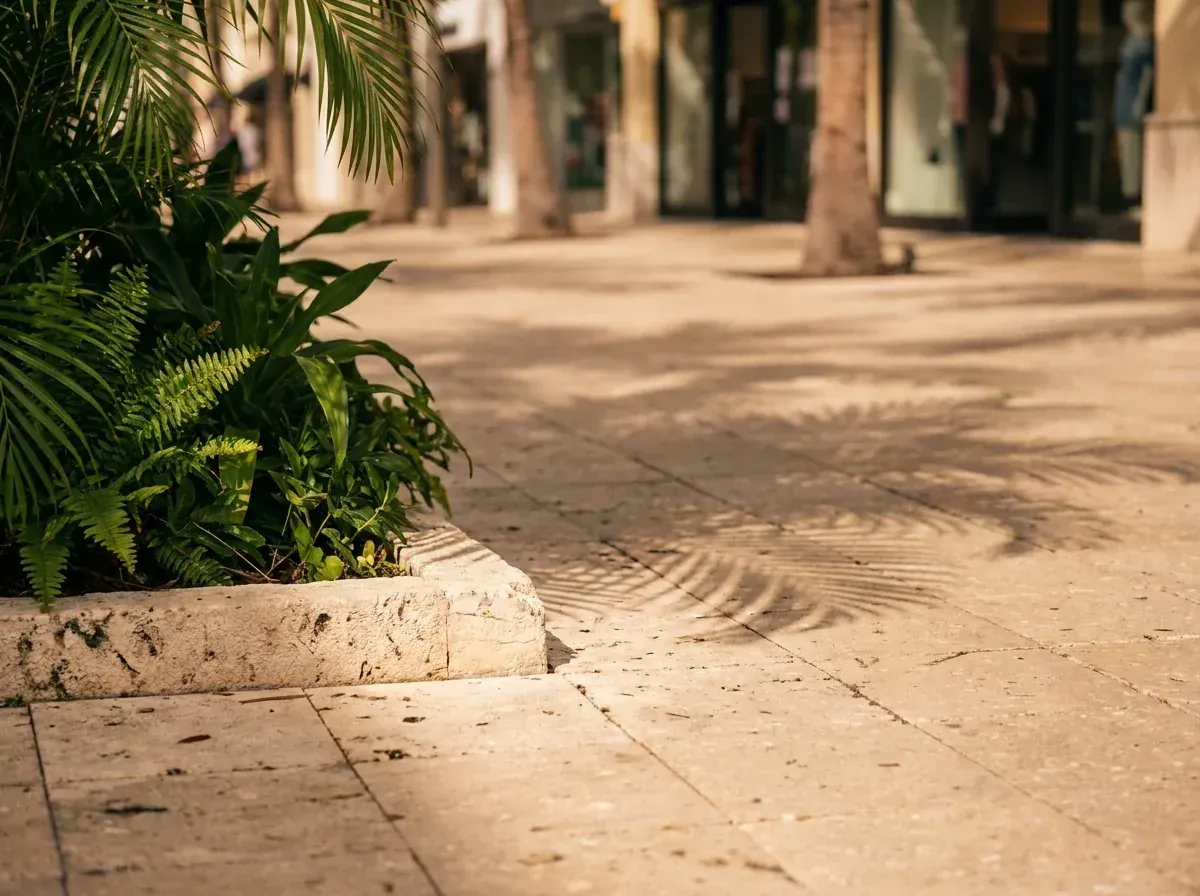 Primer plano del piso de piedra clara de la Quinta Avenida en Playa del Carmen, con sombra de palmeras (otro ángulo).