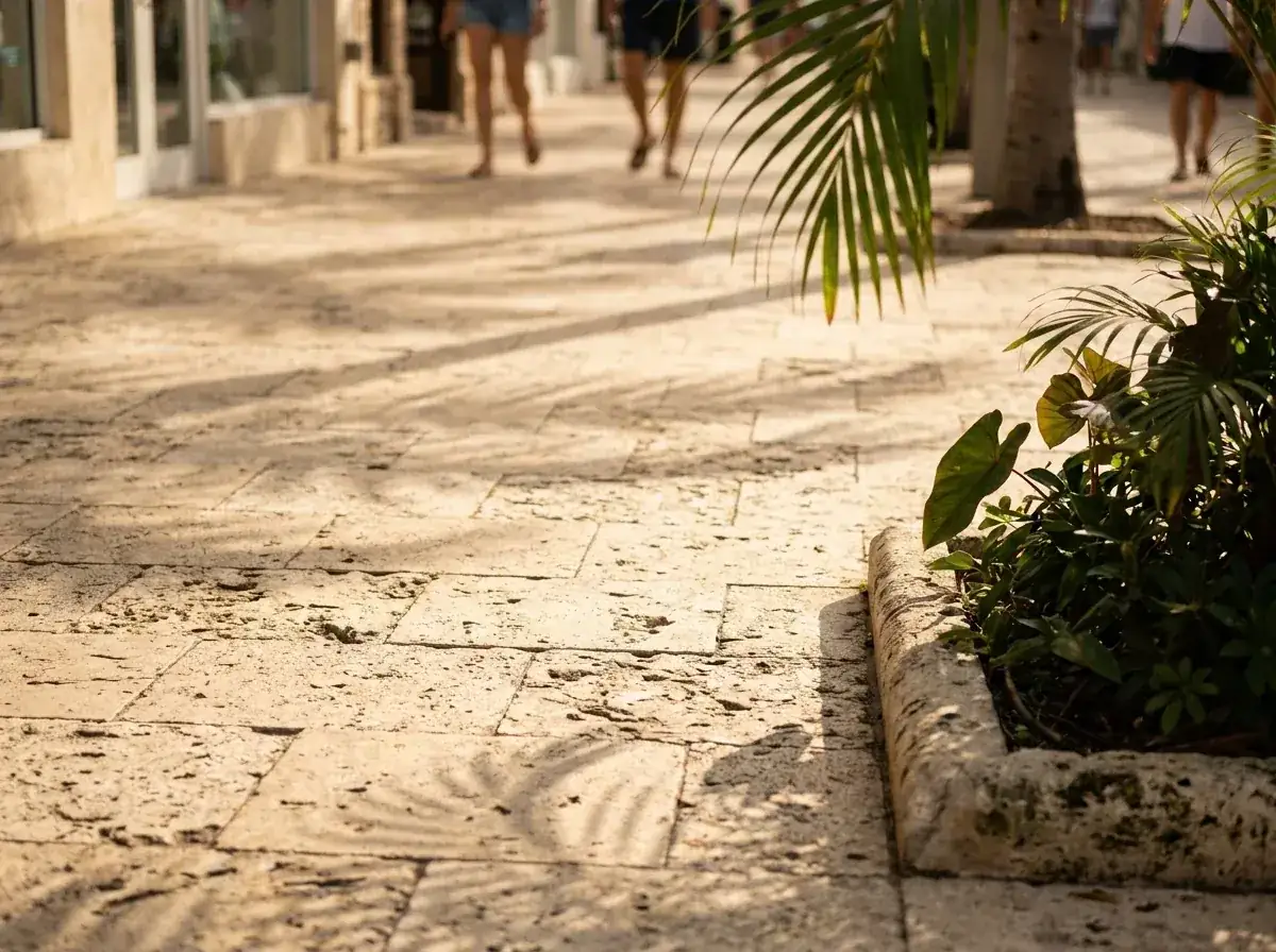 Primer plano del piso de piedra clara de la Quinta Avenida en Playa del Carmen, con sombra de palmeras.