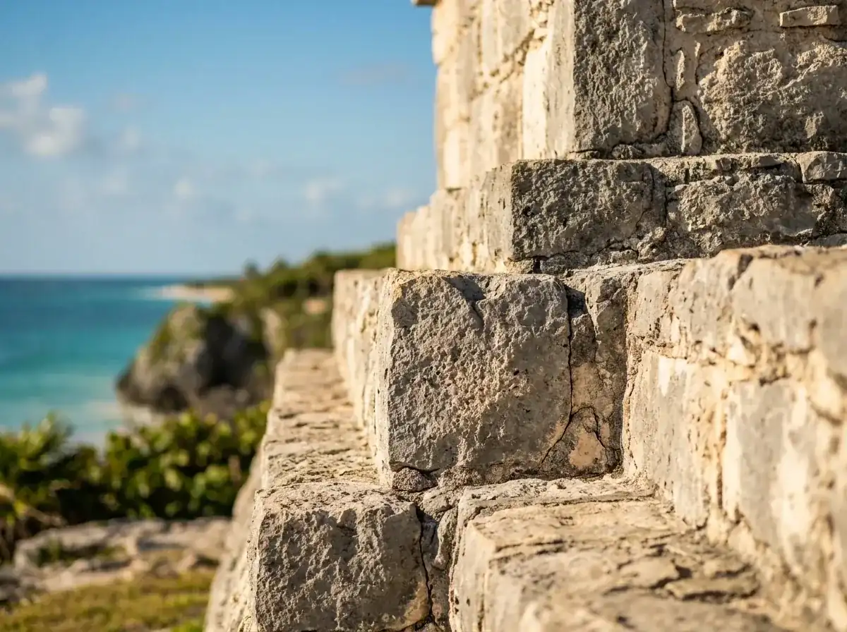 Piedra sobre el Caribe — otro ángulo Primer plano de la piedra caliza de El Castillo de Tulum con el mar Caribe turquesa de fondo (otro ángulo).