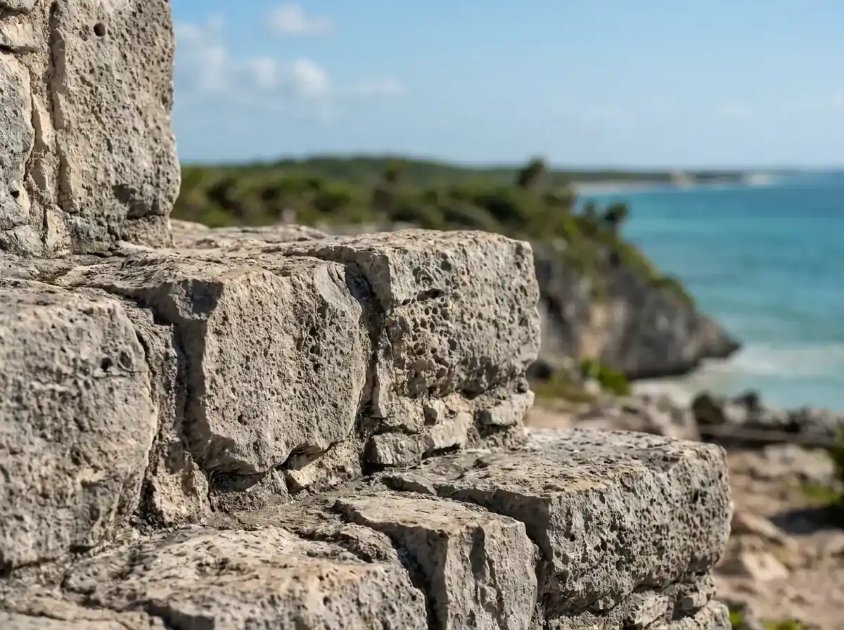 Piedra sobre el Caribe Primer plano de la piedra caliza de El Castillo de Tulum con el mar Caribe turquesa de fondo.