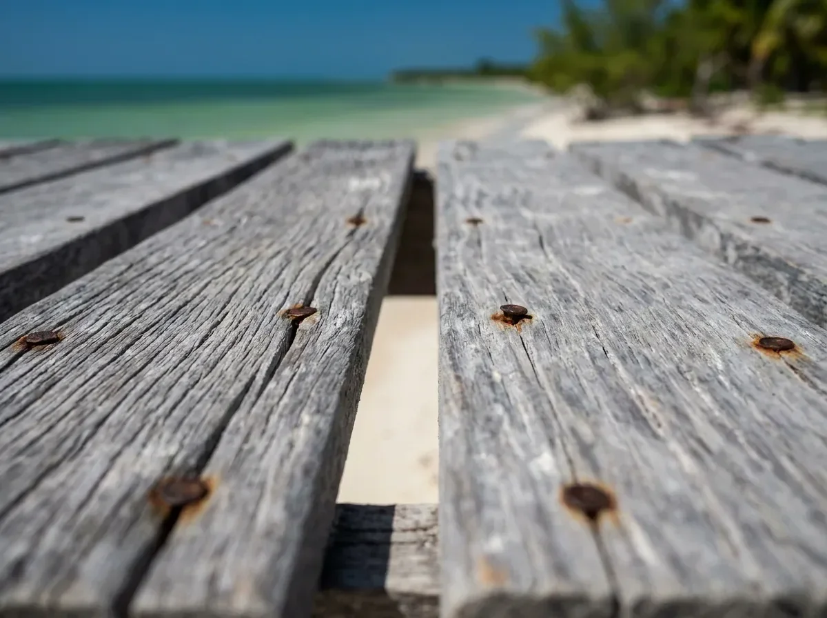Detalle de las tablas de madera del muelle en la playa de Celestún.