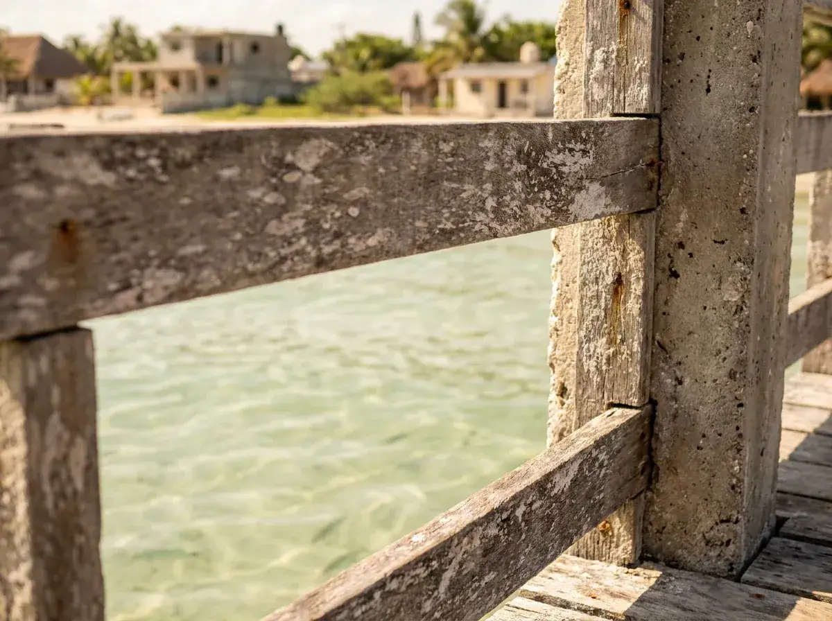 Detalle del muelle sencillo de Chicxulub Puerto, una playa tranquila cerca de Progreso.