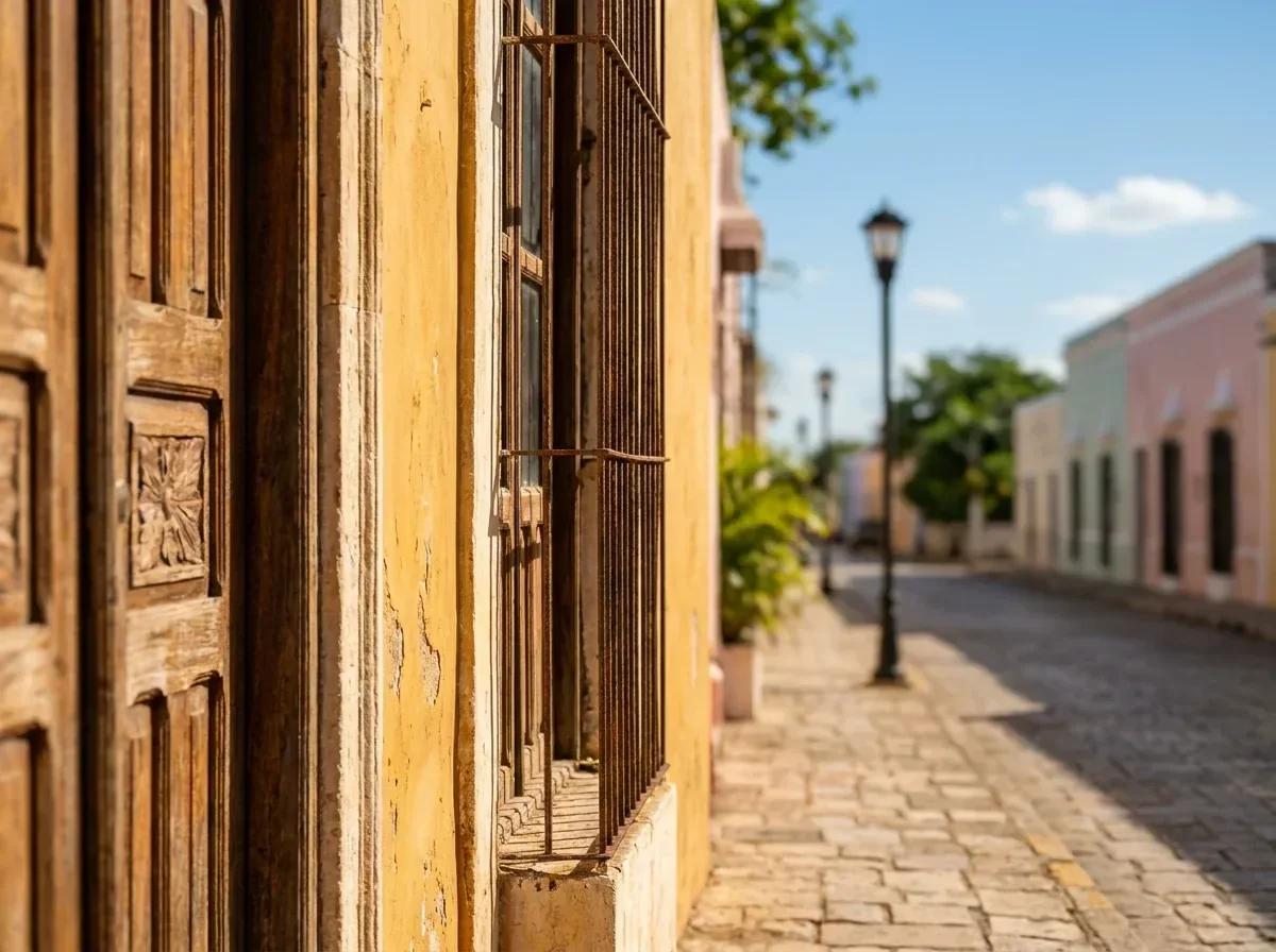 Fachadas de la calzada Fachada colonial en tono pastel con puerta de madera tallada en la Calzada de los Frailes.