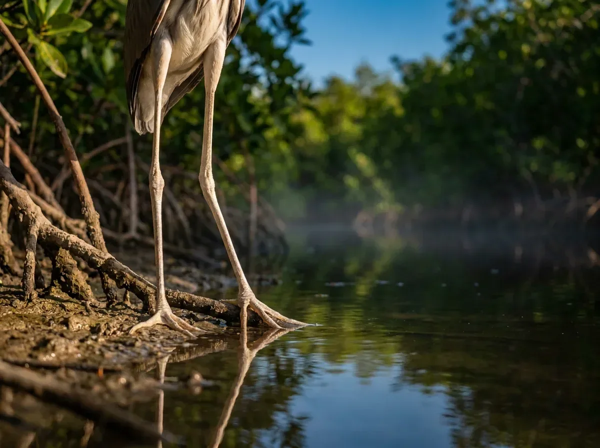 Ave zancuda junto al agua tranquila de un canal de manglar en Río Lagartos.