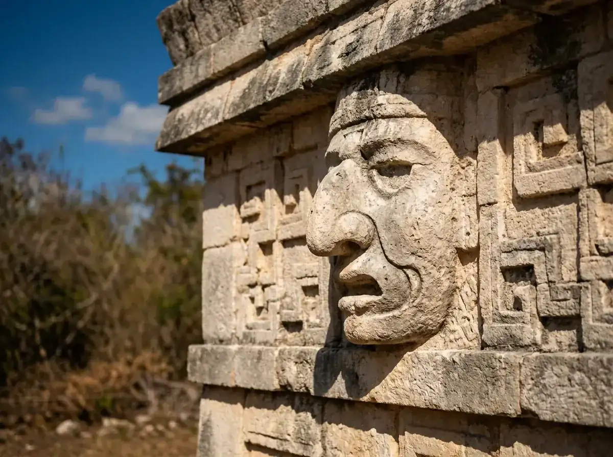 Máscara tallada del dios Chaac en una fachada de estilo Puuc, rodeada de mosaicos de piedra caliza.