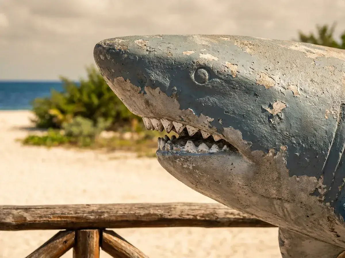 Detalle de una escultura de tiburón en el malecón de Telchac Puerto (otro ángulo).