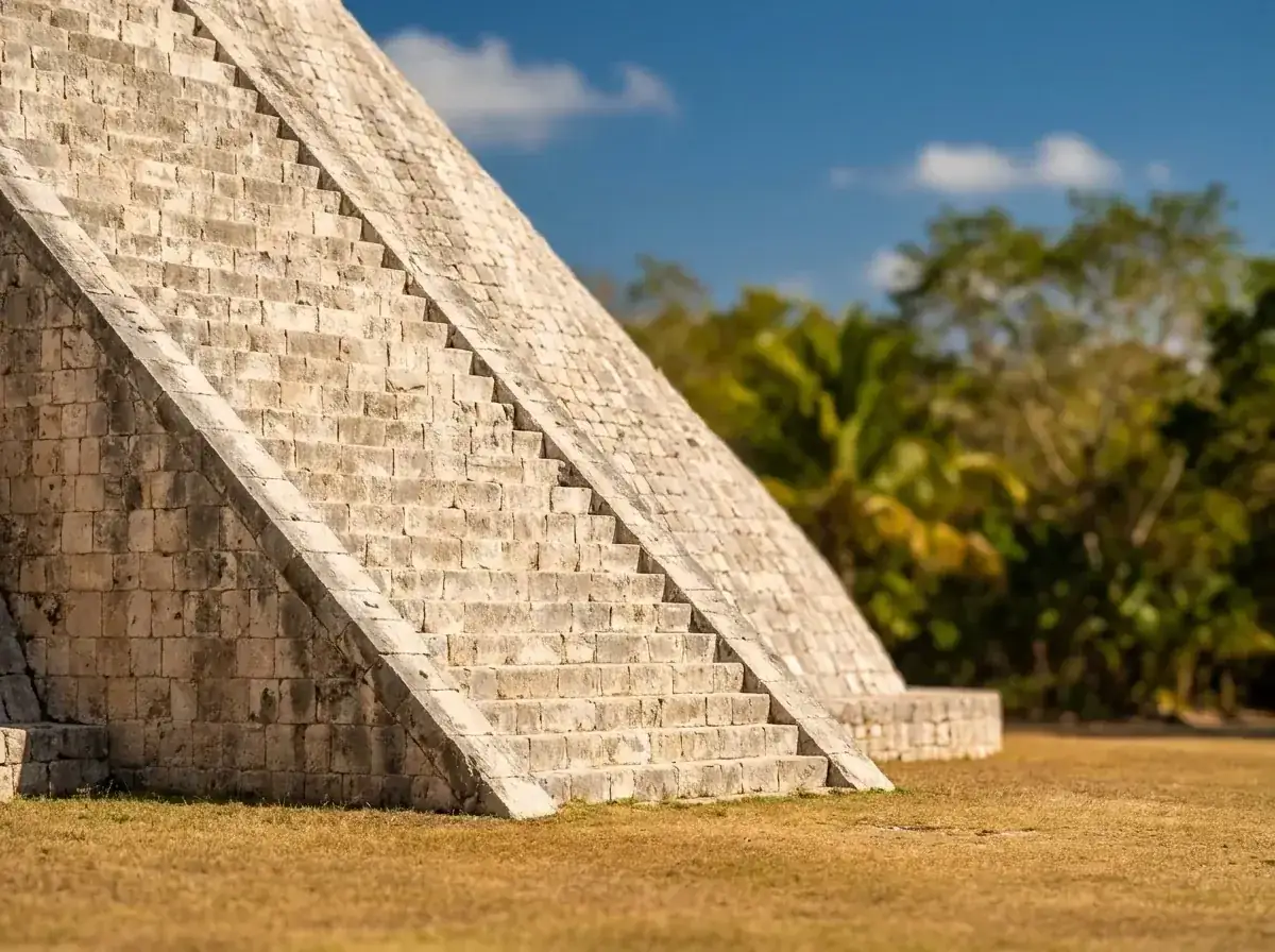 Escalinata empinada de la Pirámide del Adivino en Uxmal, de piedra caliza clara (otro ángulo).