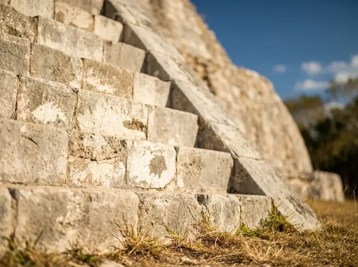 Escalinata empinada de la Pirámide del Adivino en Uxmal, de piedra caliza clara.