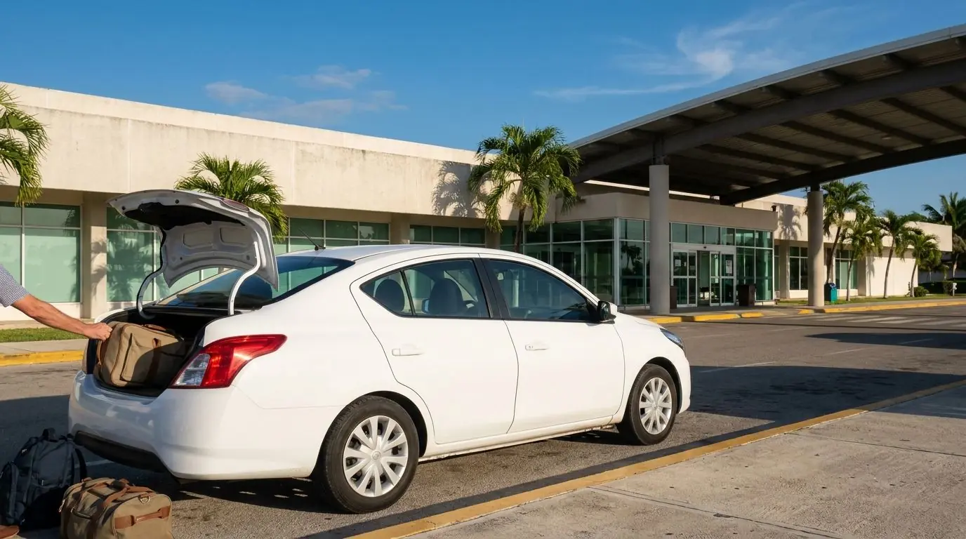 Auto de renta con la cajuela abierta y equipaje, junto a la terminal del aeropuerto.