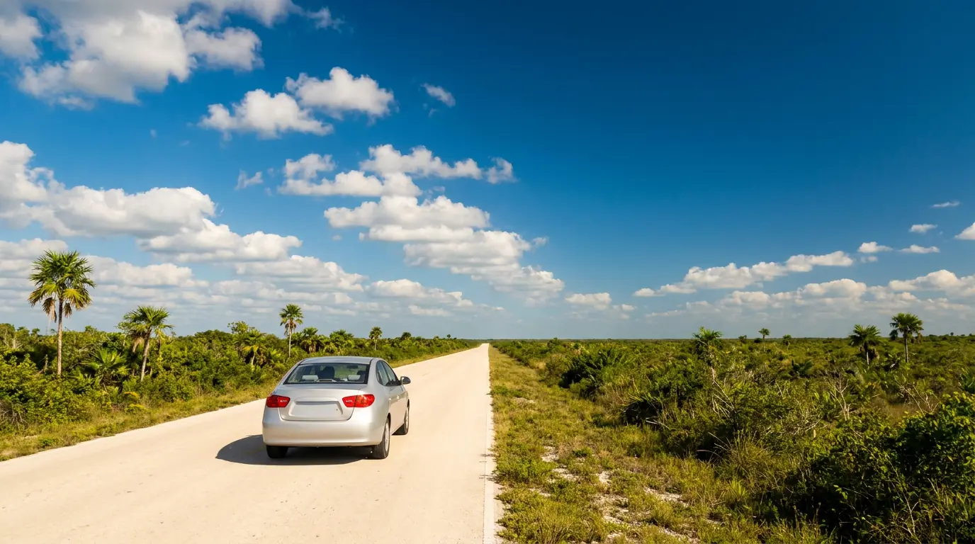 Auto sedán recorriendo una carretera recta de la península, entre vegetación baja y palmeras, bajo un cielo azul con nubes.