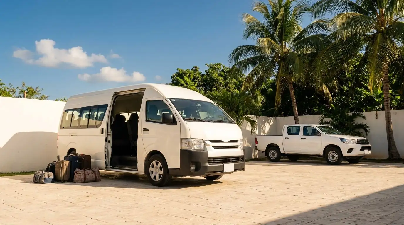 Van blanca de pasajeros con la puerta corrediza abierta y maletas junto a ella, con una pick up blanca de apoyo detrás, en un patio con palmeras.