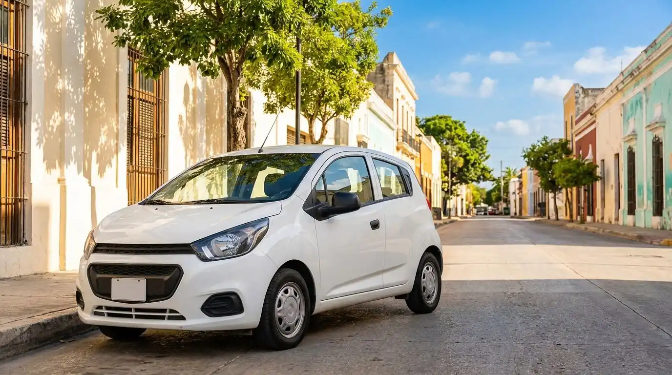Auto compacto blanco de cinco puertas estacionado en una calle del Centro Histórico de Mérida, con fachadas coloniales en tonos pastel y rejas de hierro.