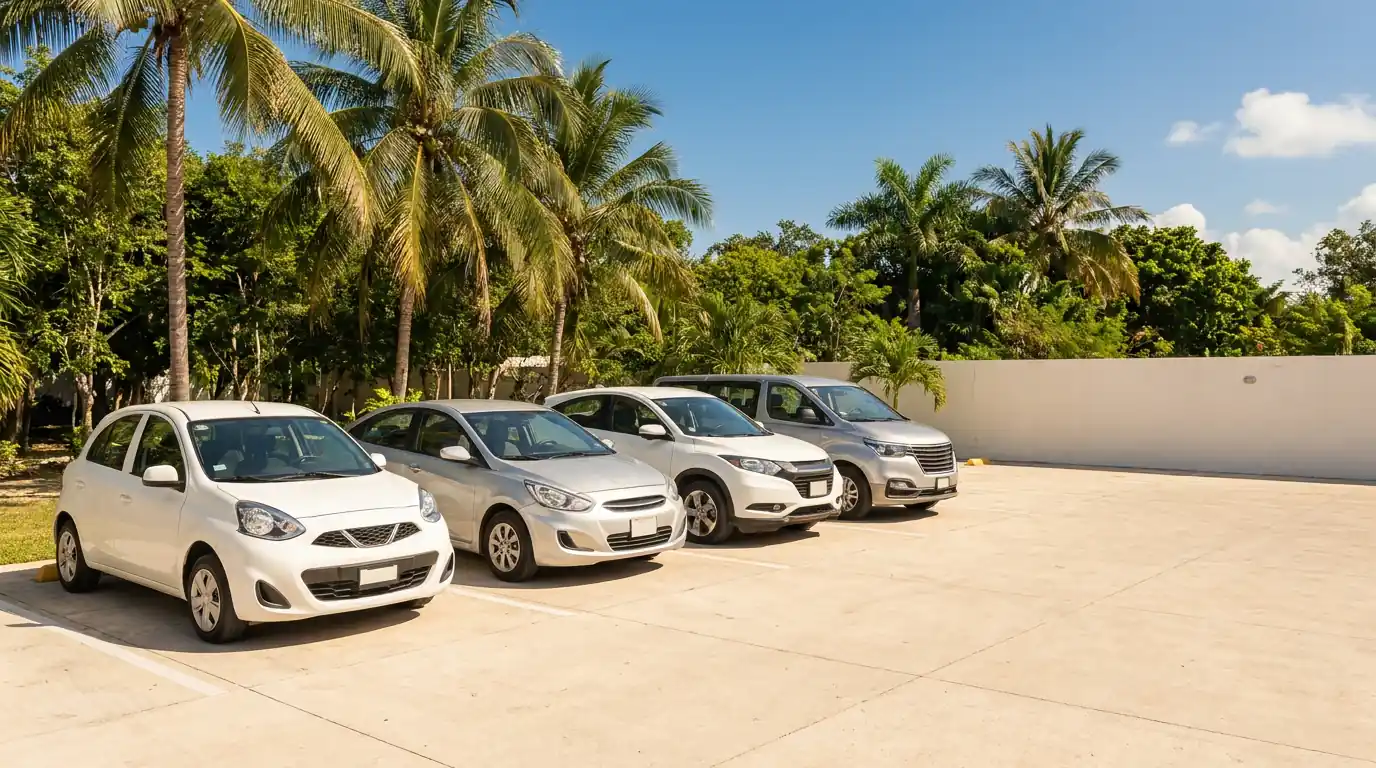 Cuatro autos de renta —un hatchback, un sedán, una SUV y una minivan— estacionados en fila sobre un patio soleado con palmeras, en Mérida.