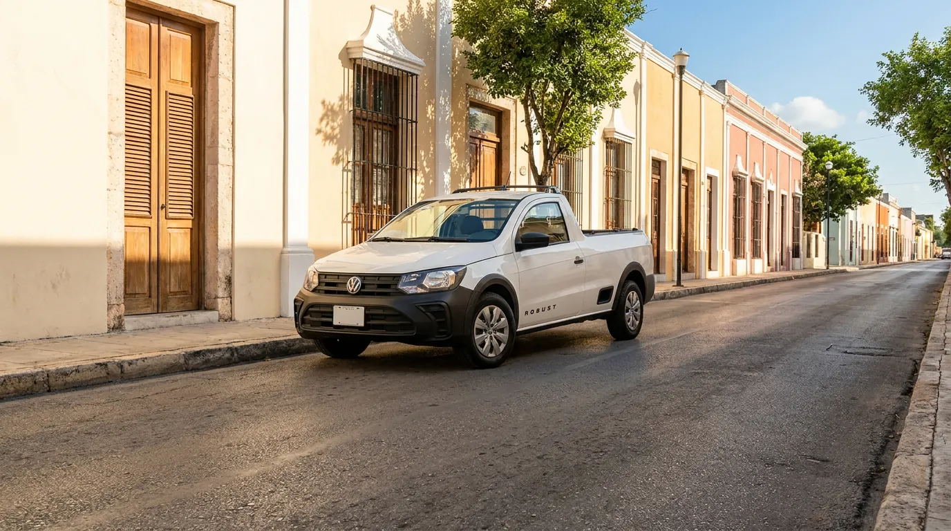 Pick up blanca de cabina sencilla con caja de carga abierta, estacionada en una calle del centro de Mérida frente a fachadas coloniales.