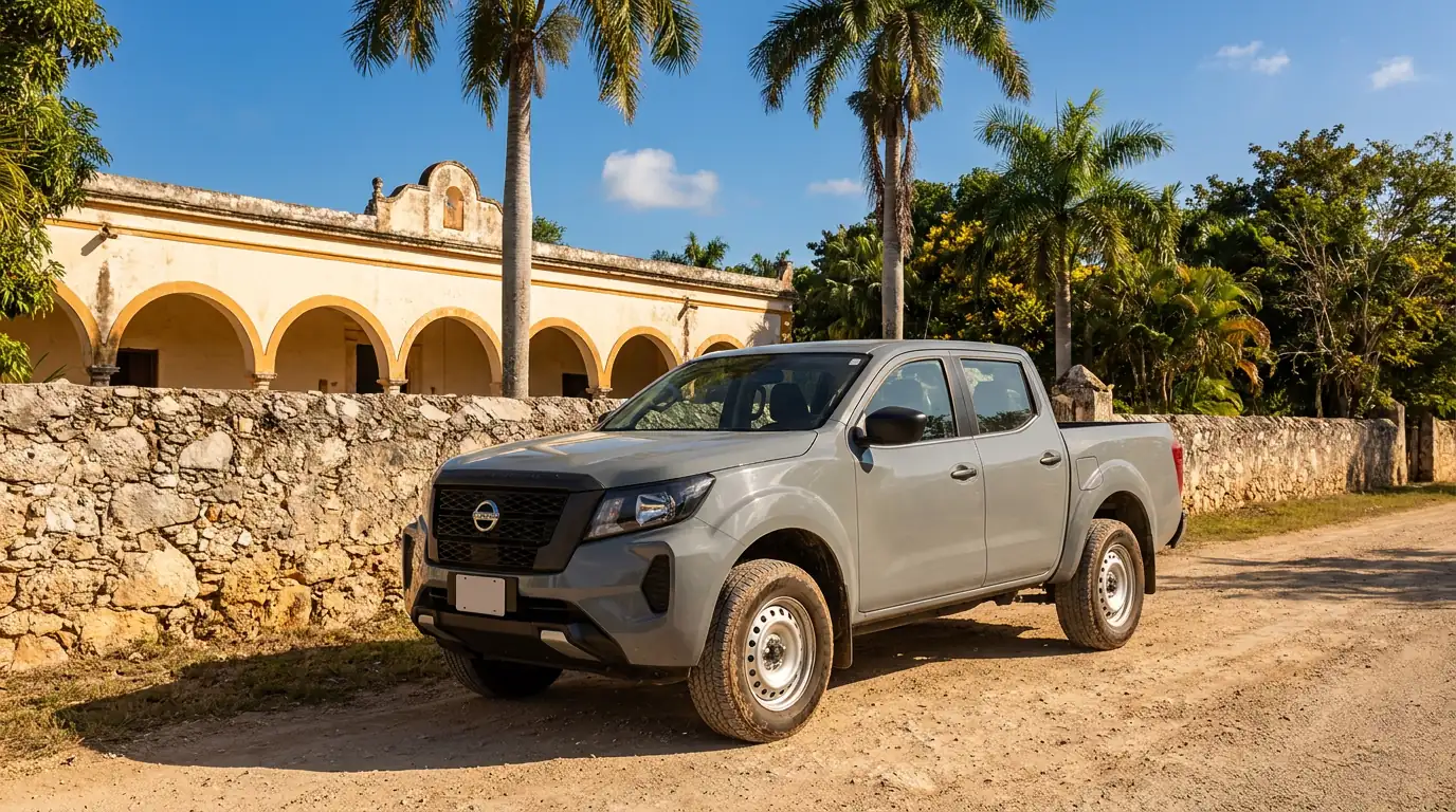 Pick up doble cabina gris de cuatro puertas junto al muro de piedra de una hacienda yucateca, con su fachada de arcos al fondo.