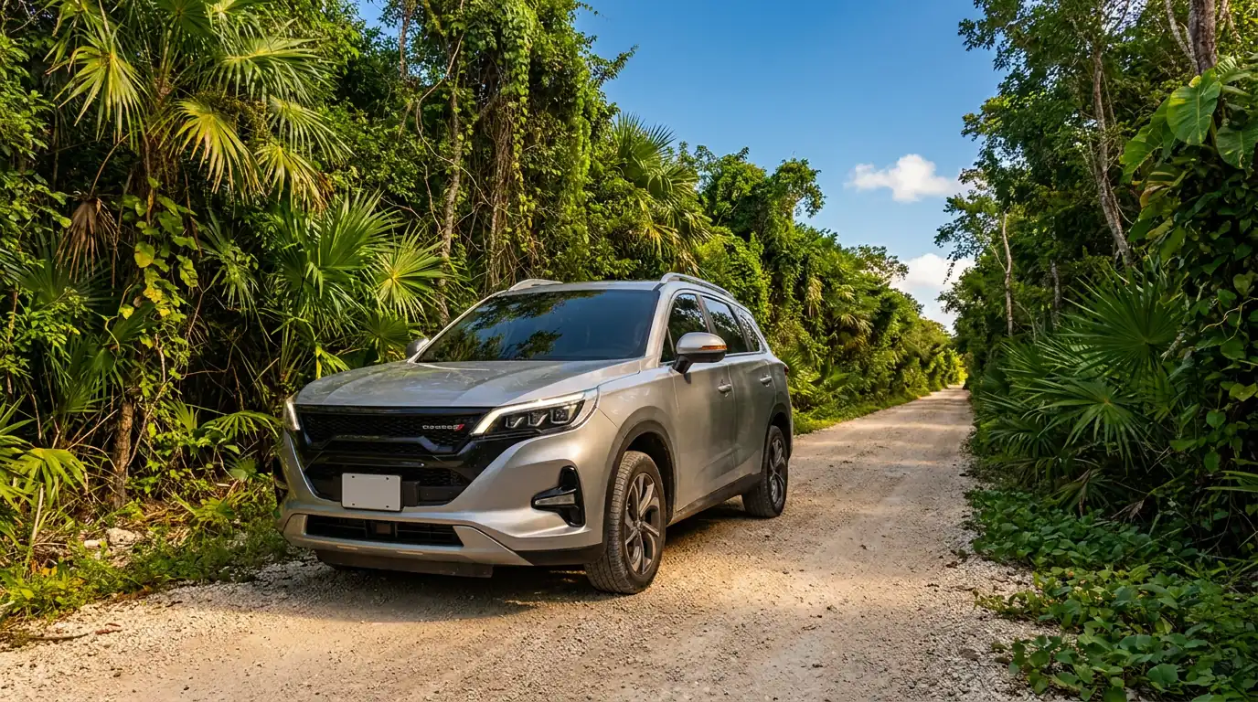SUV compacta plateada de cinco puertas detenida en el acotamiento de una carretera rodeada de selva baja yucateca.